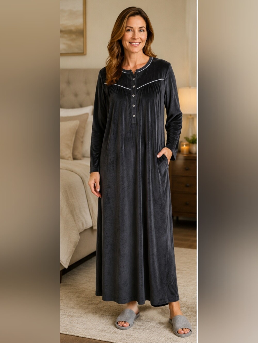 Aria Collection Black Velour Maxi Nightgown S Long Sleeve Pockets Whimsigoth